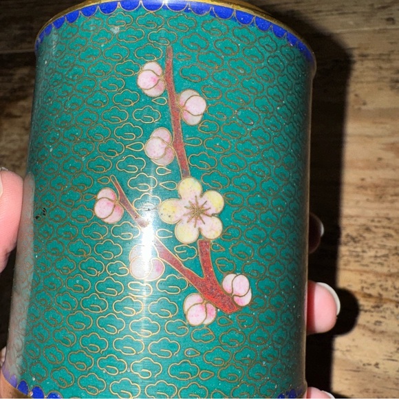 Antique Japanese Meiji Cloisonne Enamel Brush Pot tea container Bronze enamel - Picture 2 of 7